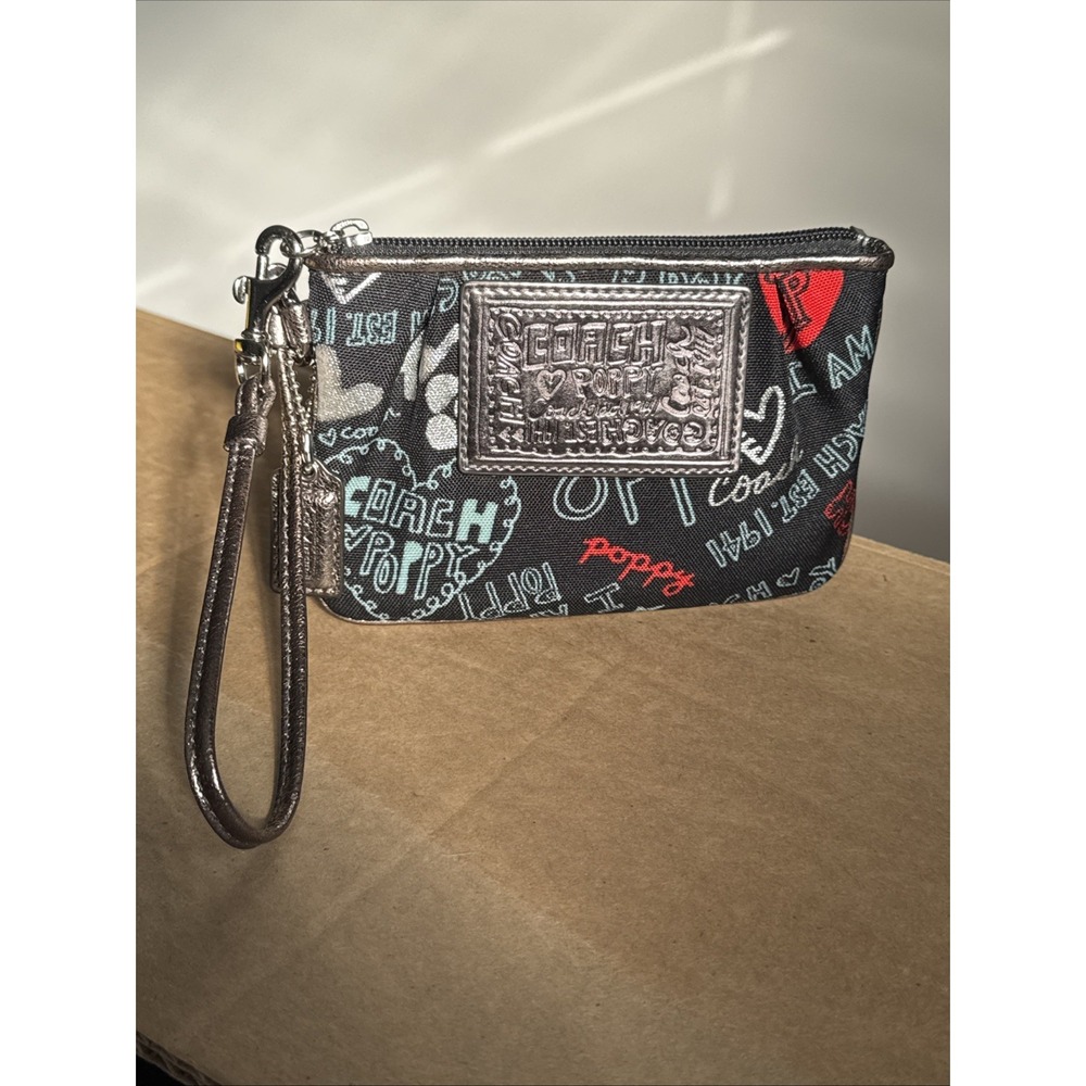 COACH Poppy Black Red Graffiti Bronze Metallic Leather Trim Wallet Wristlet EUC - Picture 2 of 16